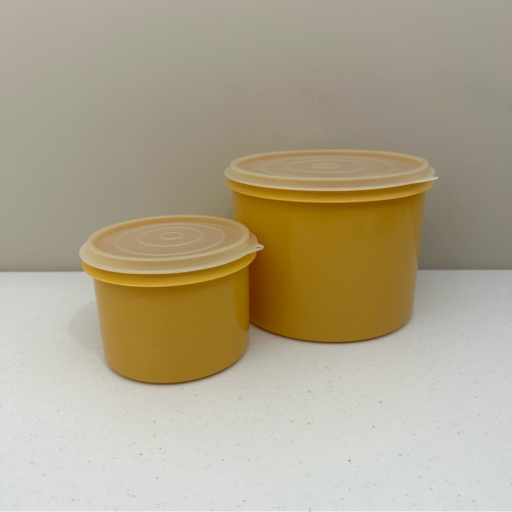 Vintage Tupper Yellow Crownware Nesting Canisters Yellow Plastic Set of 2 w Lids